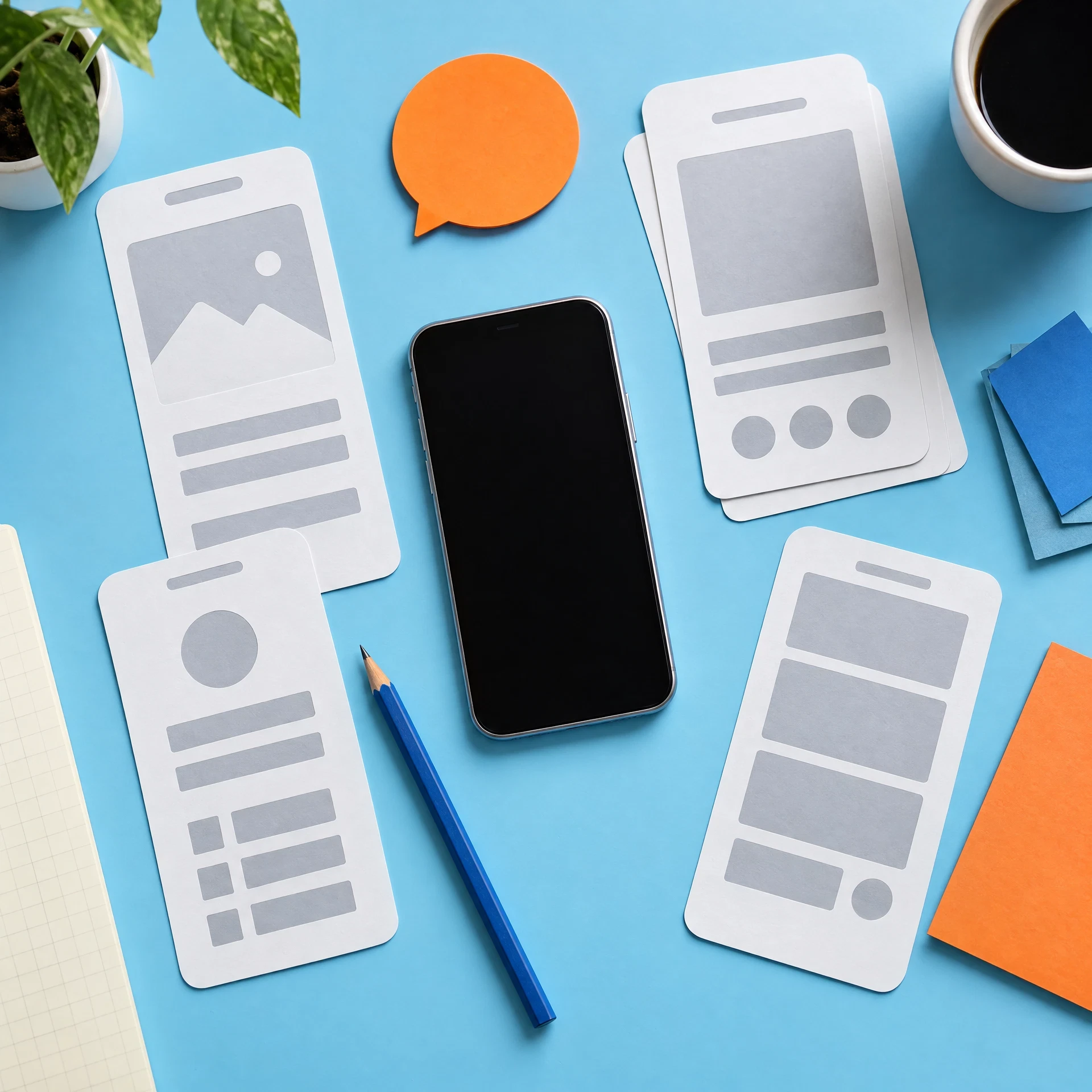 Paper mobile screen frames, blue pencil and orange shape on a sky blue desk