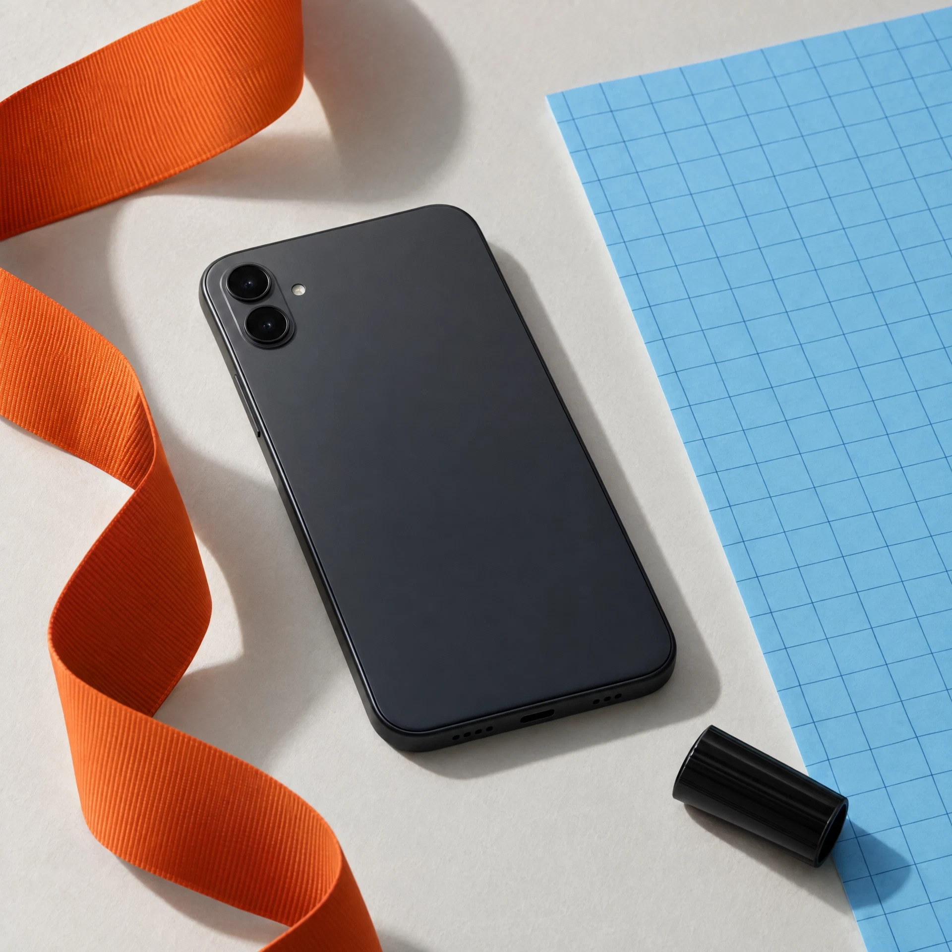 Unbranded phone beside folded orange ribbon and blue grid paper