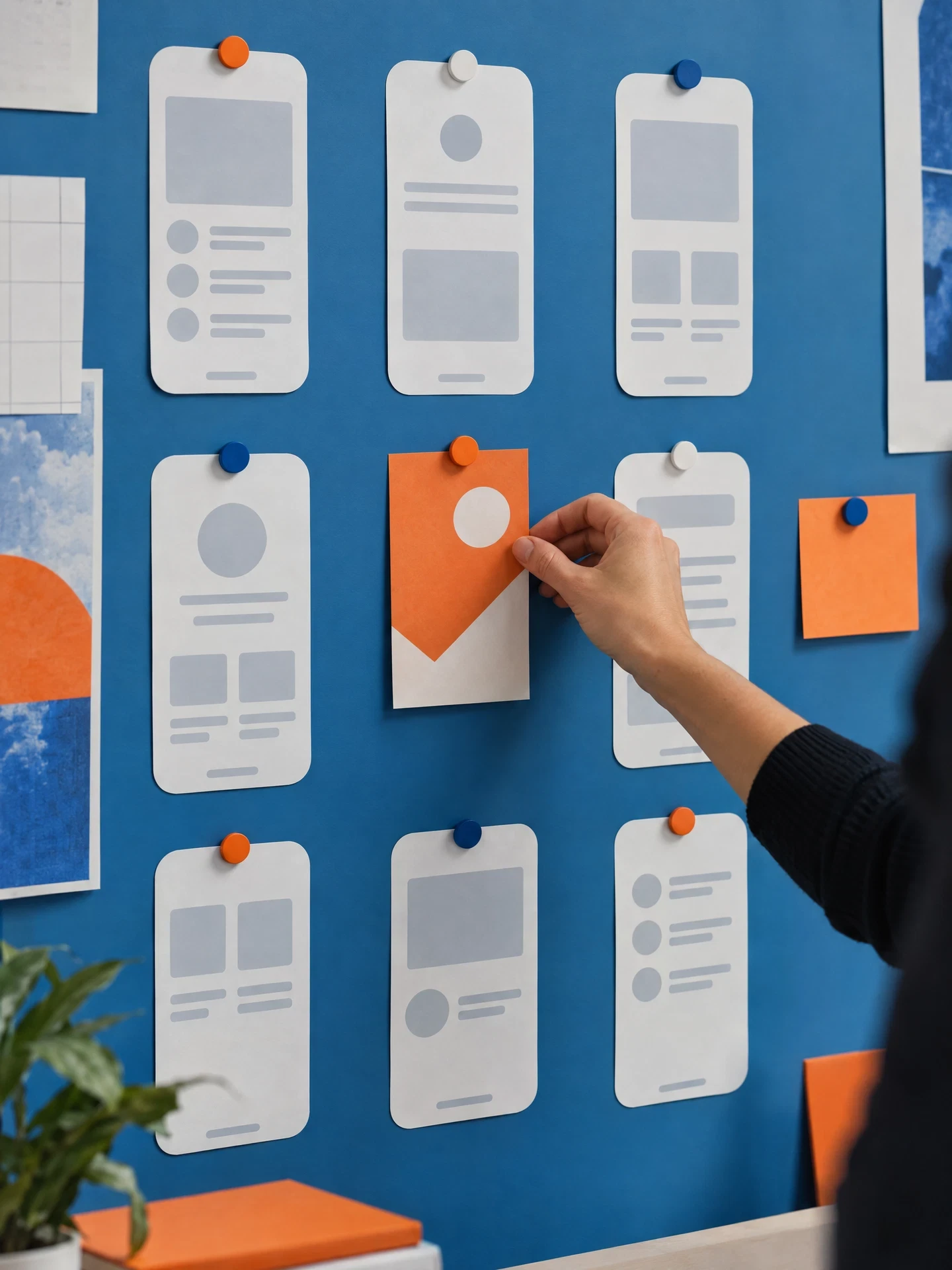Blank mobile screen sketches fixed to a blue wall