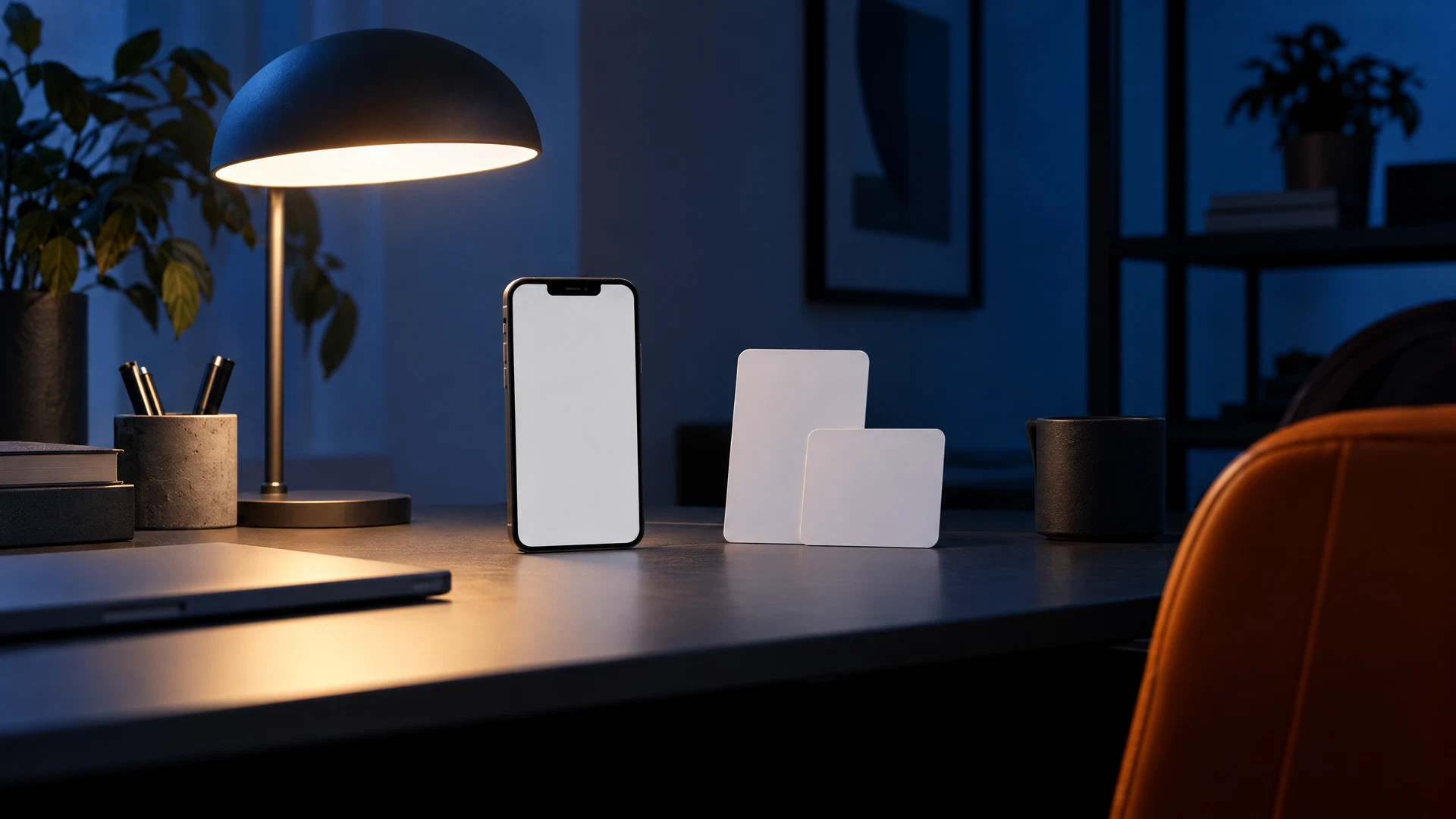 Generic phone mockup and blank interface cards under a round desk lamp