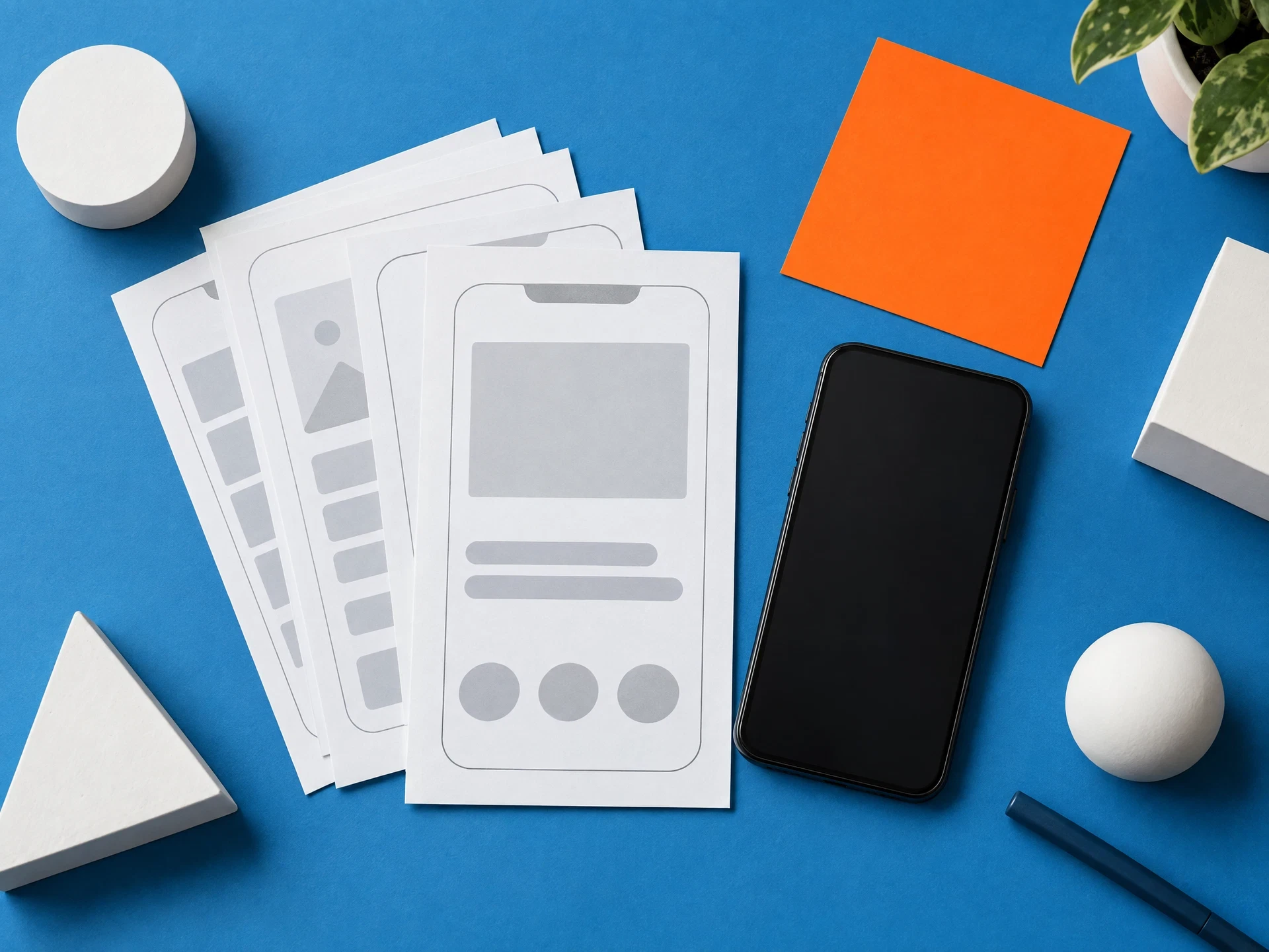 Stacked blank paper mobile frames and phone on a blue desk